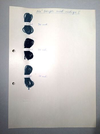 Prøvekort med&amp;#160;tre&amp;#160;blå fargar. Foto: Kulturhistorisk museum, UiO / Hilde Sofie Frydenberg