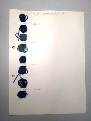 Prøvekort med&amp;#160;fire&amp;#160;blå fargar. Foto: Kulturhistorisk museum, UiO / Hilde Sofie Frydenberg