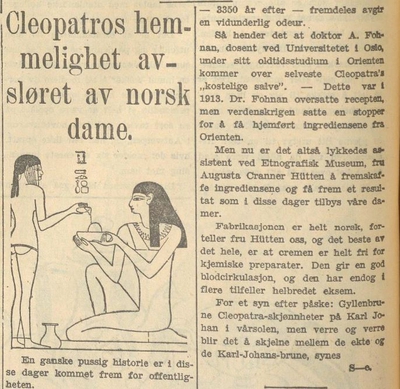 Utklipp av et avisoppslag fra 1933 om at Kleopatras egen solkrem ble oppdaget.