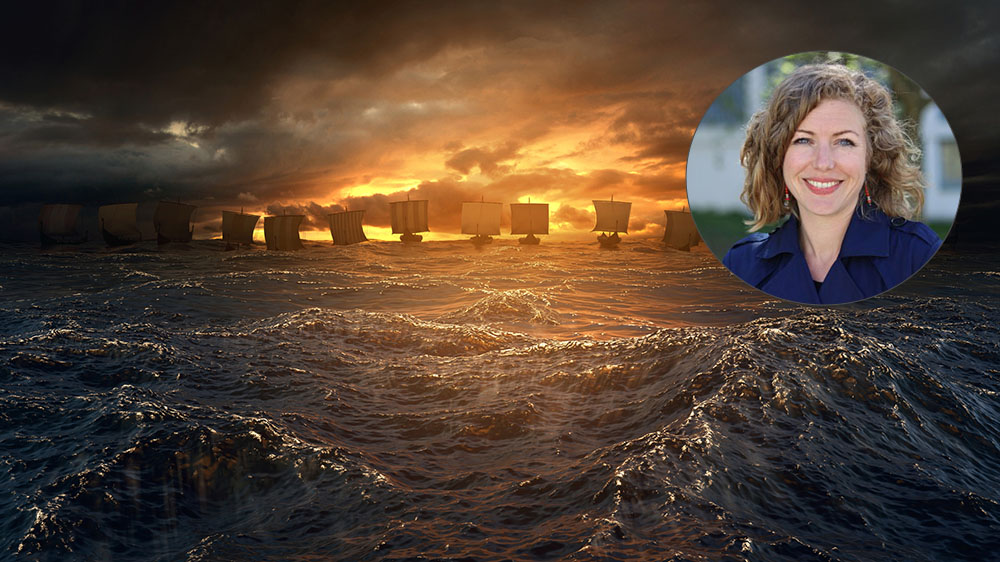An illustration photo of Viking ships on the horizon with the sunrise in the background. Portrait photo of a woman on the top right corner.
