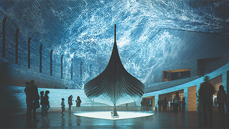 Illustrasjon av utstillingsrom med vikingskip