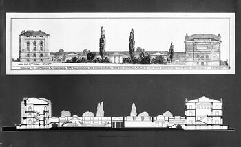 Arkitekt Holger Sinding-Larsens forslag til hus for vikingskipene på Tullinløkka fra 1909 i profil. Foto: Kulturhistorisk museum, UiO