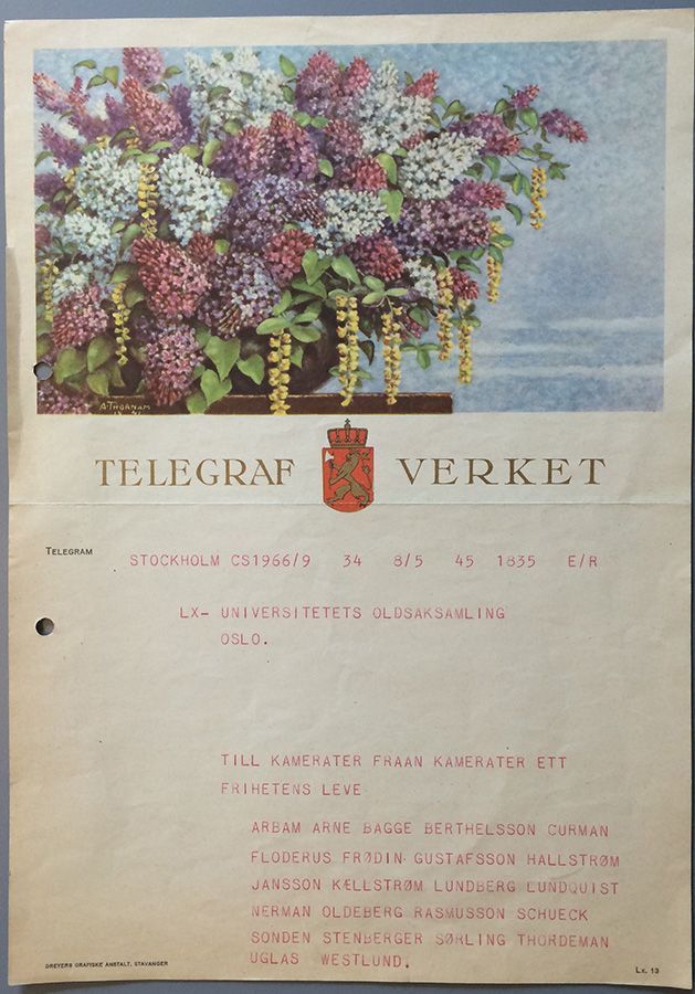 Telegram fra kolleger i Stockholm 8. mai 1945. Foto: Kulturhistorisk museum, UiO / Hilde Sofie Frydenberg