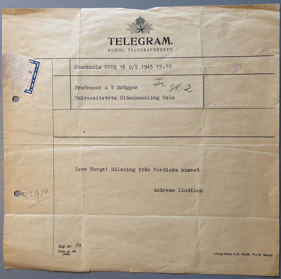 Telegram fra Anders Lindblom ved Nordiska museet i Stockholm 8. mai 1945. Foto: Kulturhistorisk museum, UiO / Hilde Sofie Frydenberg