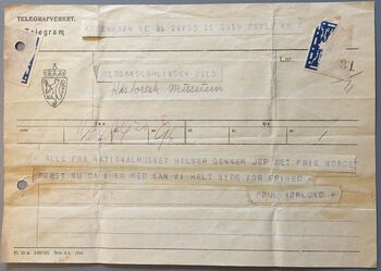 Telegram fra Poul Nørlund ved Nationalmuseet i København 8. mai 1945. Foto: Kulturhistorisk museum, UiO / Hilde Sofie Frydenberg