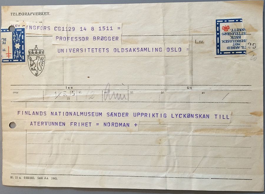 Telegram fra Nationalmuseet i Helsingfors&amp;#160;fra 8. mai 1945. Foto: Kulturhistorisk museum, UiO / Hilde Sofie Frydenberg