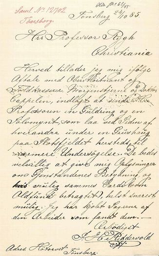 Andre spennende dokumenter som kommer i digitalt topografisk arkiv: Brev fra Riddervold vedr gjenstand, 1885