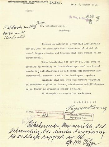 Andre spennende dokumenter som kommer i digitalt topografisk arkiv: Brev fra Sigurd Grieg til politimesteren i Tønsberg, 1932
