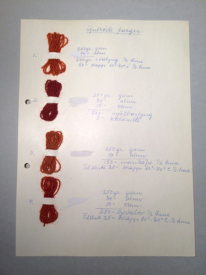 Prøvekort&amp;#160;med fire&amp;#160;oransje fargar. Foto: Kulturhistorisk museum, UiO / Hilde Sofie Frydenberg