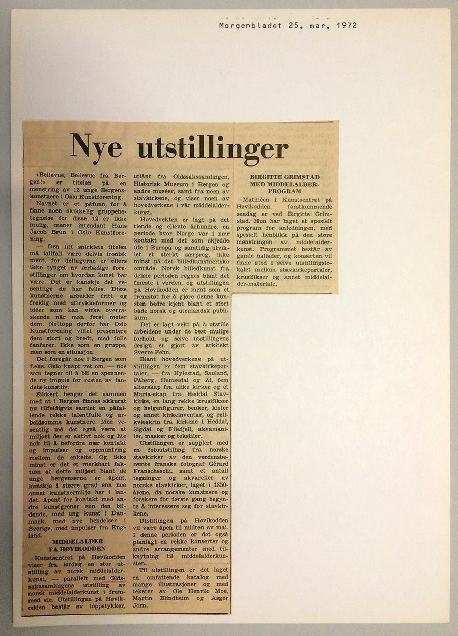 Notis om &quot;Middelalder på Høvikodden&quot; under &quot;Nye utstillinger&quot; i &amp;#160;Morgenbladet 25. mars 1972. Foto: Kulturhistorisk museum, UiO / Hilde Sofie Frydenberg