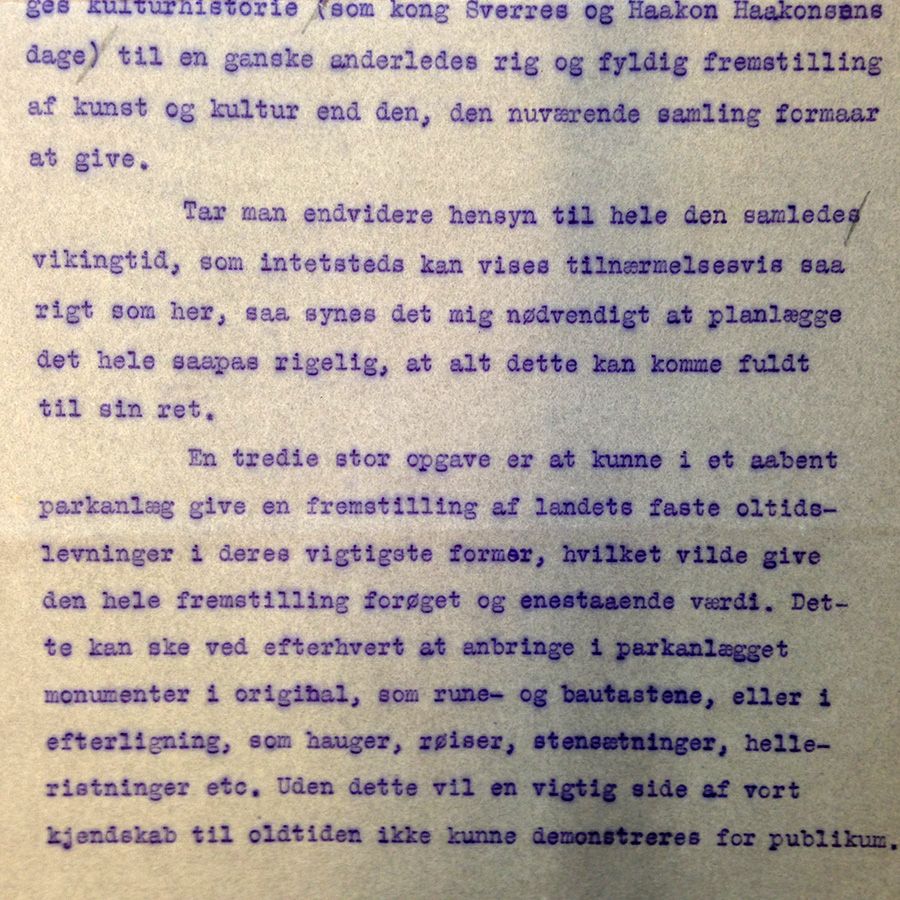Utdrag fra Gustafsons brev til komiteen for hus til vikingskipene fra 1913. Foto: Kulturhistorisk museum, UiO / Anne Britt Halvorsen
