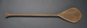   (UEM160) Wooden paddle most likely from Ra'ivavae in the Austral Islands. Although the original catalogue text states that the paddle comes from Hervey Islands, comparison with other paddles indicates that it derives from the Austral Islands. What this object specifically was used for is difficult to determine. Comparing this object to similar paddles from the Austral Island, it is likely that this was a ceremonial paddle used for sacred performances - more precicely a dance paddle. The size, proportions and ornamentation renders the paddle unusable for canoes and therefore it may have had a much more ritualistic function.   How the paddle came into Fredrik Rings posession is hard to determine. His ship crew may have traded for it on their way from New Zealand to Valparaiso. It was donated to the Ethnographic Museum in 1833.   Material: Wood Region and culture: Possible French Polynesia