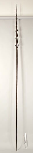 (UEM188) Wooden spear measured at 3,48 meter in length. Appears to be a throwing-spear (moto) from Fiji, produced sometime between the late 18th century and early 19th century. The entire spear is carved from a single piece of wood and the tip of the spear is characterized by its long and heavy barbs. These types of spears are known as gadregadre, which translates to "lust" or "desire" and were considered to be one of the most important weapons amongst Fijians. Yet, these types of spears were also symbols of authority, masculinity and the approvement of ancestral gods. Spears (and clubs) played an important role in dance performances. It is unclear where in Fiji this spear originates from.    Material: Wood Region and culture: Produced on Fiji, collected in New Zealand