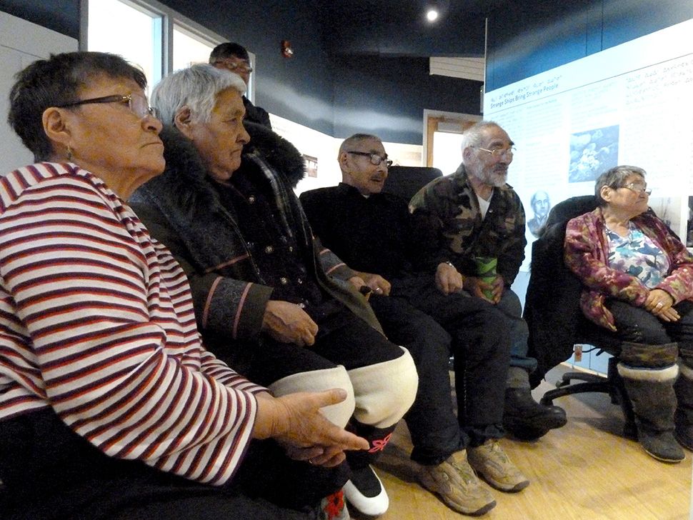Elders Theresa Sikkuark, Maria Niptayuk, Dominiqe Inutuinaq, Christian Nalungiaq and Marie Anguti during workshop at Nattilik Heritage Centre, Gjoa Haven, April 2015