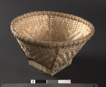 (UEM46917) A common utility basket made in various sizes for storing food and other agricultural products. Made by Rongbong Timung, Habai, Umaha. Material: Bamboo. Karbi Anglong West/ Hamren district.
