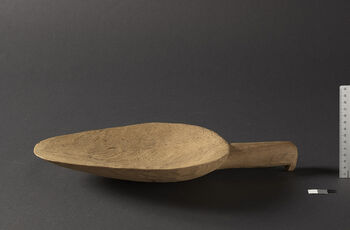 (UEM46935) Spoon for serving rice. Traditionally, those who will eat sit in a row or circle on the floor or ground. One person goes around and places the food on each plate (or banana leaf). The rice is scooped from this spoon/plate and placed onto the individual's plate. Made by Yor Keap, Tekok zone. Material: Wood. Karbi Anglong/Inghi basti district.
