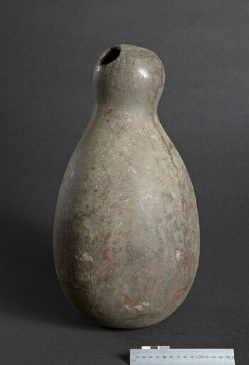 (UEM46940) This kind of container is made from the dried shell of a gourd fruit, commonly used in many cultures for various purposes. This one is used for storing seeds for the next planting season. The small hole on the top allows for ventilation, helping to preserve the seeds until they are ready to be planted. Material: Gourd shell. West Karbi Anglong/Hamren district.