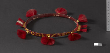 (UEM46999) Cochineal-dyed goat hair, orchid stem. For festive and ritual occasions. It is paired with a head wreath see UEM46998 . Sema Naga Nagaland district.