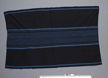 (UEM46845) Pini , locally called ‘Thailand’. Woven using a loin loom, warp faced weave with pick-up pattern edging. Woven in two lengths and sewn together in the middle. Used by women for everyday use, parties and rituals. It is fastened with a wamkok belt that is tied around the waist. Name of pattern:  long akeng. Long means the leg of a large wooden mortar. The edging is called Ingki Akeng , caterpillar feet. Material: Acrylic. Hamren, West Karbi Anglong.