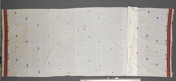 (UEM46870) Floor loom, plain weave, pick-up patterns. Used by women and girls in feasts and rituals. When the pehseleng is not new and shows signs of wear, it is for daily use. Made by Deepika Rongpharpi, Dokmoka.