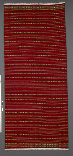 (46872) Floor loom, plain weft faced weave. Used as shawl on cold days but can be draped as a pehseleng as well. Material: cotton (warp), cashmilon acryl (weft).