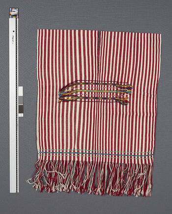 (UEM46892) Loin loom, warp faced weave with kirip middle front and smaller middle back. Used by married men, often the village elders. Material: Cotton. District: Donkamokam, West Karbi Anglong.
