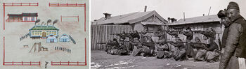 According to Uranchimeg Tsultem, Associate Professor of Art History at Indiana University and an expert on art from the Bogd Khaanate period, soldiers trained outside of the Winter Palace. One such training site is shown left of Bogd Khaan’s residence, the Winter Palace, in a detail from Jugder’s painting to the left. The photograph was taken on 25 March 1913.