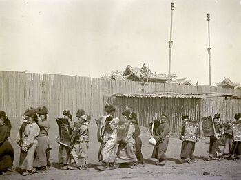 (UEMf09893_098) In southern Urga, where Mamen resided, he often observed everyday religious rituals. About such performances, he wrote: 'Processions of lamas carrying out this Zor (the God to remove sins) to be burnt on a pile of wood, thereby destroying all the sins of those who had seen to that the lamas had relieved them from this unpleasant balast for the price of cash or other gifts'.