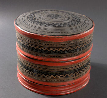 (UEM2379) Description: "Burma Box" (Catalog card). Classification: Bowls and Containers. Material: Lacquer, vegetable fiber. Dimensions: Height: 7.8 cm. Diameter: 26. cm. Collection history: Delivered by Sailor Morten Carlsen.