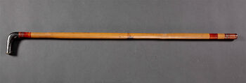 (UEM5919) Description: "Fishing rod, integrated into a walking stick, from Rangoon in British India" (Translation from the original Norwegian catalog card). Classification: Fishing devices and fishing tools. Material: Lacquer, wood. Dimensions: Length: 88 cm. Collection history: Gift of Mrs. Opdahl, through Cand. H. Konow in Oslo.