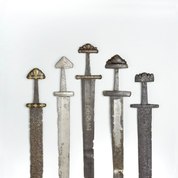 The Sword – Warrior’s pride We have roughly 3,000 swords from the Viking Age in Norway, and most come from graves that also contain other weapons. The swords vary from simple home-forged blades to ornate swords with intricate patterns and hilts decorated with precious metals. Swords with the inscriptions VLFBERHT or INGELRII probably came from workshops in southern Germany. The inscriptions may be a type of trademark. The Old Norse myths tell of swords made by dwarves and which possessed magical power. The sagas describe how mighty swords were passed down from one generation to the next. From left: C20317 from Steinsvik in Nordland, C24217 from Risvold in Telemark, 800-850; C257 from Hedmark, 900s.; C28352 from Momrak in Telemark, 950-1000, C11014 from Kilde in Hedmark, 800s.