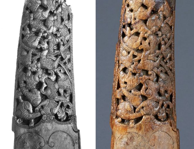 Figure 2: The animal head post the ‘Carolingian’, before treatment (left) and after treatment (right) with alum. The blurring of surface carving is obvious. Photo: Museum of Cultural History, UiO / Kirsten Helgeland (right).