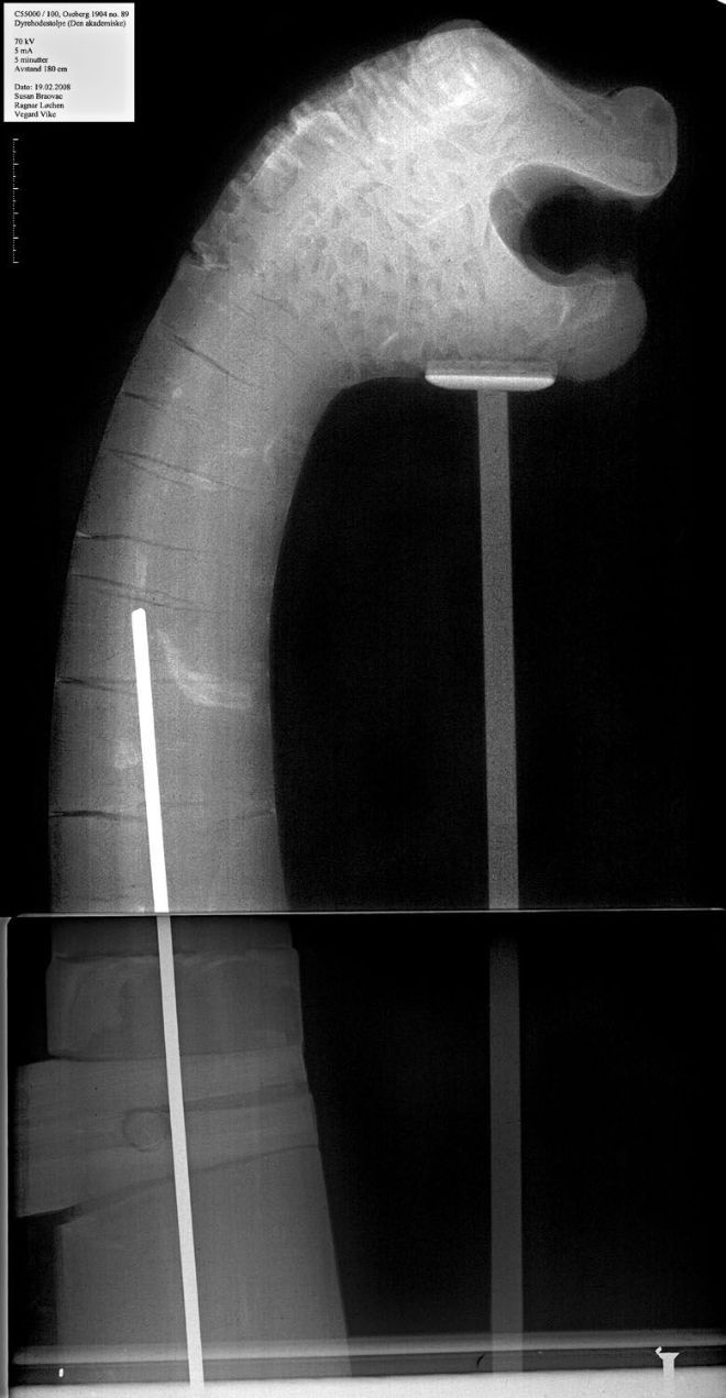 Figure 8: X-ray of the &#39;Academic&#39; showing the cracks in it&#39;s neck. Photo: Museum of Cultural History / Susan Braovac, Vegard Vike and Ragnar Løchen.