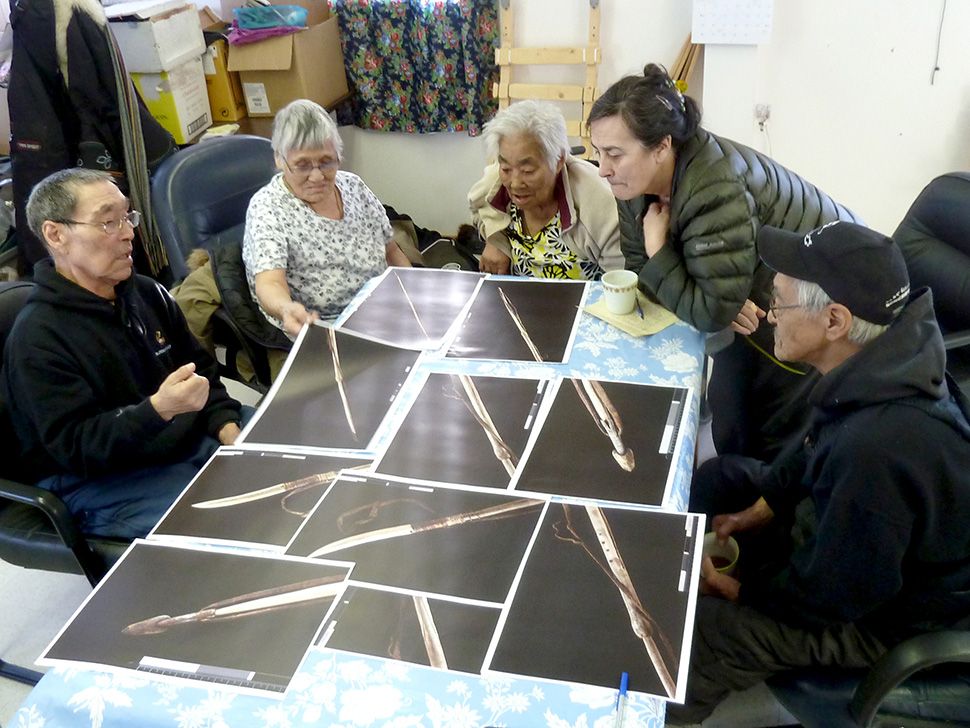 Elders Bernadette Uttaq, Lena Kingmiaqtuq, Sarah Takolik and David Iguttaq at Nattilik Heritage Centre workshop in Taloyoak, the Elders Palace, April 2015.