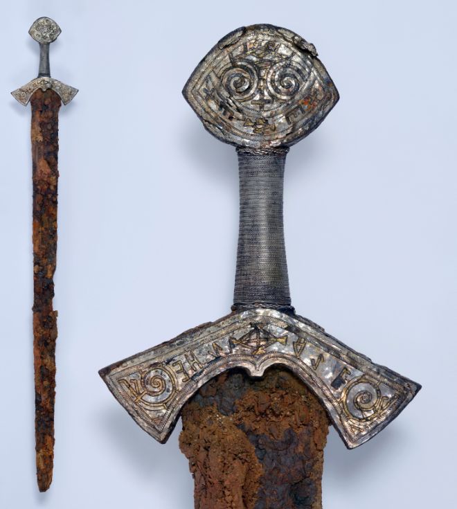 The sword from grave 8 at Langeid in Setesdal valley. It is 91 cm long, almost completely preserved. Only a few centimetres are missing from the tip of the blade. Museum number C58882/3.