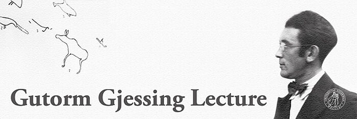 Black-and-white photograph of a person shown in profile. To the left, illustrations of rock carvings and the text “Gutorm Gjessing Lecture.”