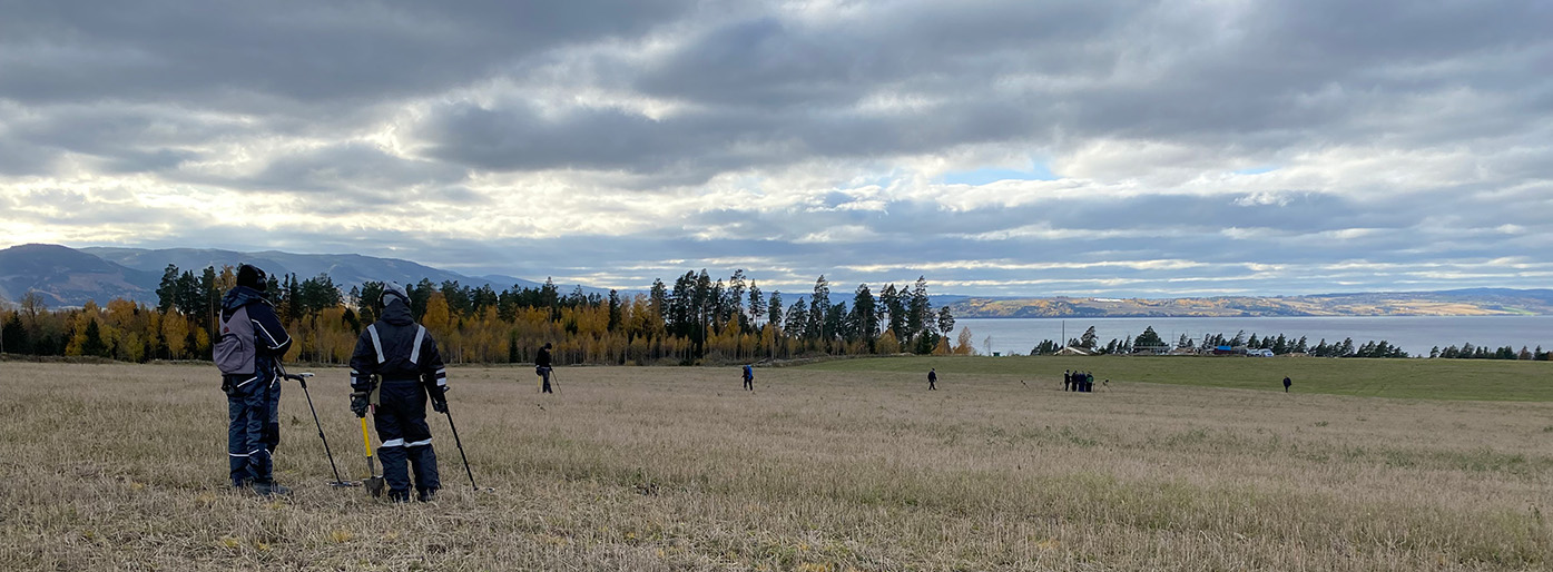 People with metal detectors standing in a large field.