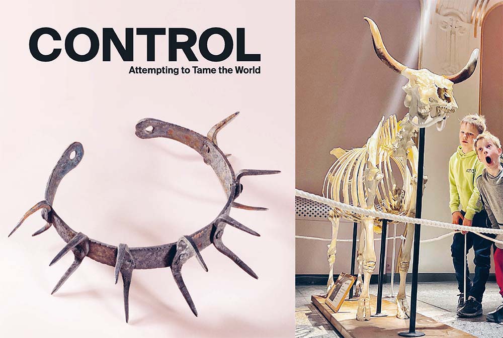 Bilde av bokforsiden. Til venstre et piggete hundehalsbånd. Til høyre to barn som studerer et kuskjelett. Teksten "Control – Attempting to Tame the World" ligger på bildet.
