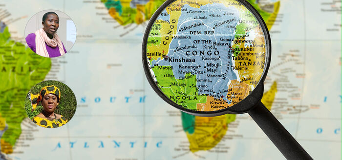 Verdens kart med forstørrelsesglass over Kongo. Til venstre portrettbilder av to kvinner.