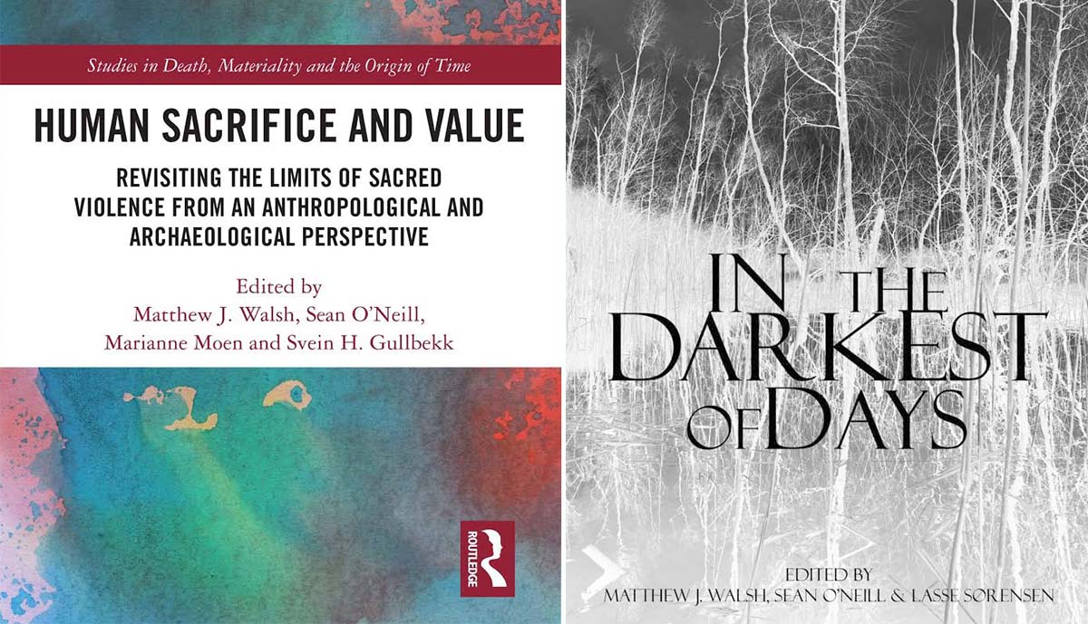 Book covers of two books witht the titles "In the darkest of days" and "Human sacrifice and value".