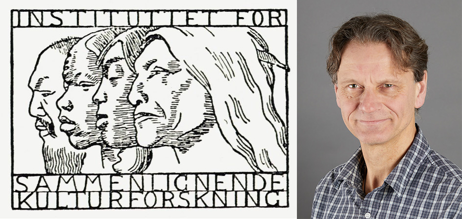 Til venstre en illustrasjonstegning av fire mennesker med teksten "Institutt for sammenlignende kulturforskning". Til venstre portrettbildet av en mann.