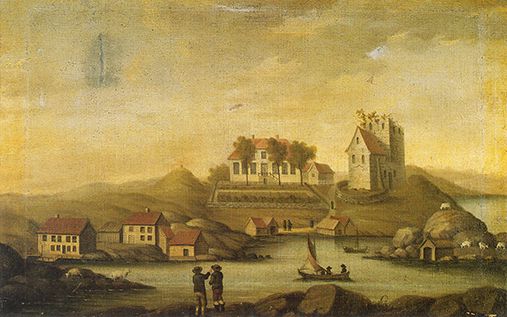 Maleri av Avaldsnes fra 1779, ukjent kunstner. Bildet er i privat eie. Foto: O. Væring