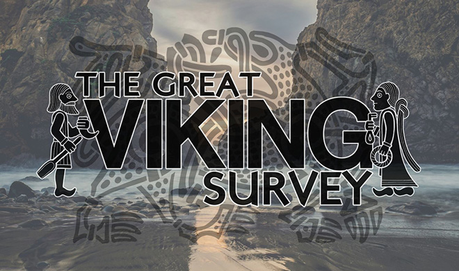 Fjord og fjell i bakgrunnen. Foran står teksten "The Great Viking Survey"