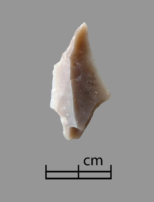 Pilspiss i flint fra kystboplassen Pauler 2. Larvik kommune, Vestfold, Norge, ca. 11 000 år gammel.