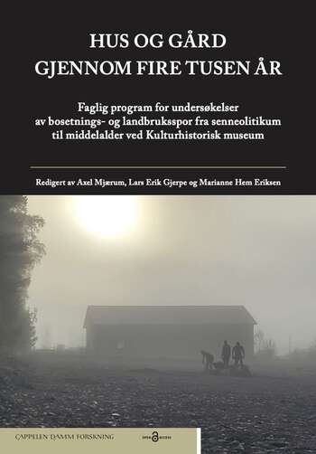 Foto av bokomslag. Sort bakgrunn med foto fra arkeologisk utgraving i morgentåke.