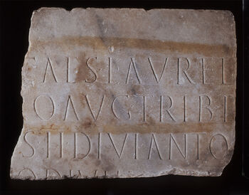 (C41727) Fragment av marmorplate med en offisiell innskrift på hver side, sannsynligvis fra Caesarea Maritima (Kesariya), Israel. Tre av sidene er brutt av, men tekstene kan leses, fordi de er varianter av standardiserte formuleringer. Den eldste av de to innskriftene er fra 161 e.Kr., og er en dedikasjon til Lucius Verus, som var romersk keiser (161–169 e.Kr.) sammen med sin bror, Marcus Aurelius (16 –180 e.Kr.). Den andre dedikasjonsinnskriften er til keiser Aurelian (270–275 e.Kr.), og ble sannsynligvis viet ham av hans etterfølger, Probus (276–282 e.Kr.), men navnet til Probus er fjernet. Den neste keiseren, Carus (282–283 e.Kr.) utstedte et damnatio memoriae over ham, hvilket innebar at alle spor etter ham skulle utslettes. Slike innskrifter var festet til statuebaser. Innskriftsplaten tilkom museet som en gjenstand i Baron Platon von Ustinows (1840–1917) samling.
