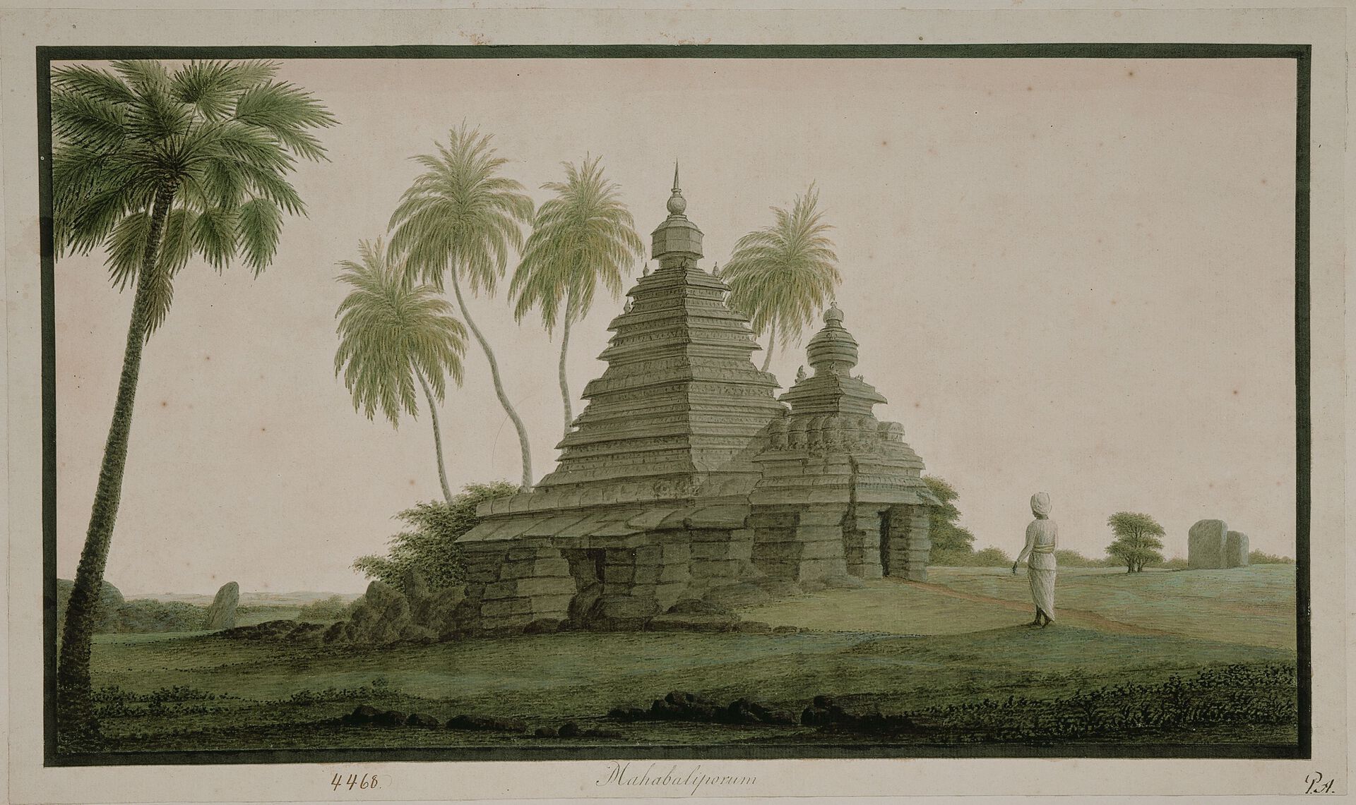 Ankers Maleri 'Tempel ved Mahaballipuram' som viser til kyst-tempelet som innegår i Mapallipuram tempel kompleksene