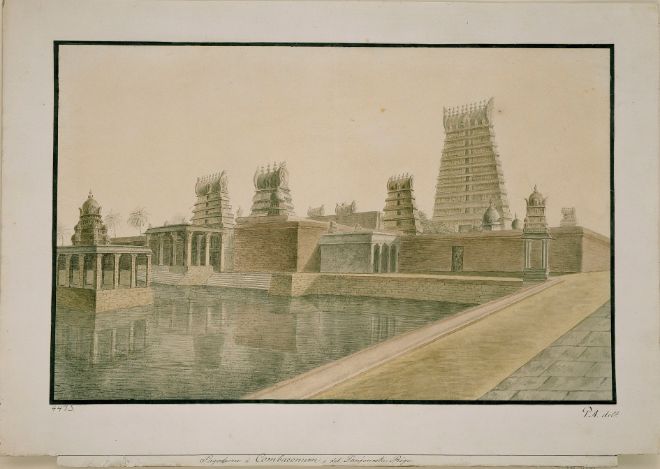 Ankers måleri av tempelkompleksa ved Kombakonam nær Tarangampadi i distriktet Thanjavur i dagens Tamil Nadu