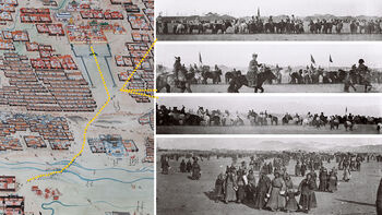 Ifølge Mamen sto han plassert slik at han kunne se både veien til Vinterpalasset og Det gule palass på kroningsdagen, noe som indikerer vinkelen fotografiene ble tatt fra 29. desember 1911. Prosesjonen startet fra Vinterpalasset nederst på Jugders maleri og endte ved Det Gule Palass, som kan sees med et gyllent tak i Urgas administrasjonssenter. Den nøyaktige plasseringen av de ni ger-palassene er ukjent.