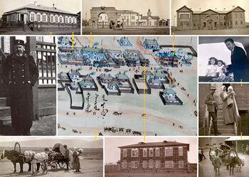 Det russiske postkontoret sees øverst til venstre (nøyaktig plassering er ukjent. Mamen plasserte postkontoret i bakgården til konsulatet), over et fotografi tatt av Rustad i 1911 eller 1912, med bildeteksten 'V.V Burdakovsky, keiserlig russisk postmester'. Det russiske konsulatet og Urgas eneste kirke kan sees øverst, og til høyre Mongolor-bygningen, det russiske gullgruvekontoret. Mamens venn Zaparin bodde i et av husene i Mongolors bakgård. Her setter han datteren og niesen opp for fotografering, før han reiste fra Urga 18. juli 1913 sammen med sin kone og barn. Mamen plasserte huset til den russiske kjøpmannen Mr. Prokin mellom konsulatet og Mongolor; det kan være en av de to-etasjes bygningene i Jugders maleri, som indikert av den gule stiplede linjen.